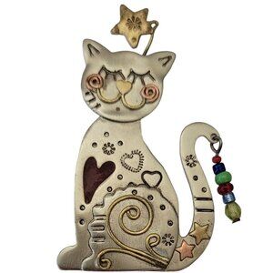 Silver Tone Bead Dangle On Tail Smiling Whimsical Cat Brooch Pin E670